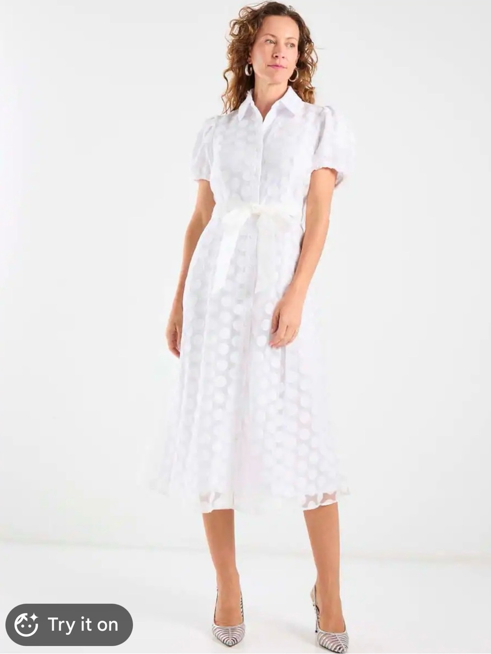 White Polka Dot Midi Shirt Dress with Tie Waist